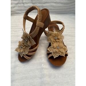 Xianglv Tan Floral Wedge Sandals Elastic Slingback Rhinestone Pearl Accents‎ 36